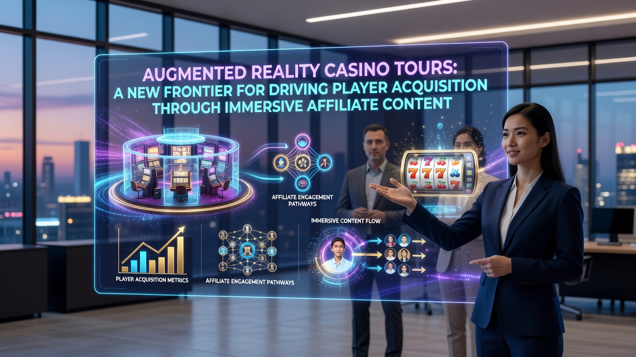 Augmented reality overlay showing a virtual casino floor tour with interactive slot machines and tables