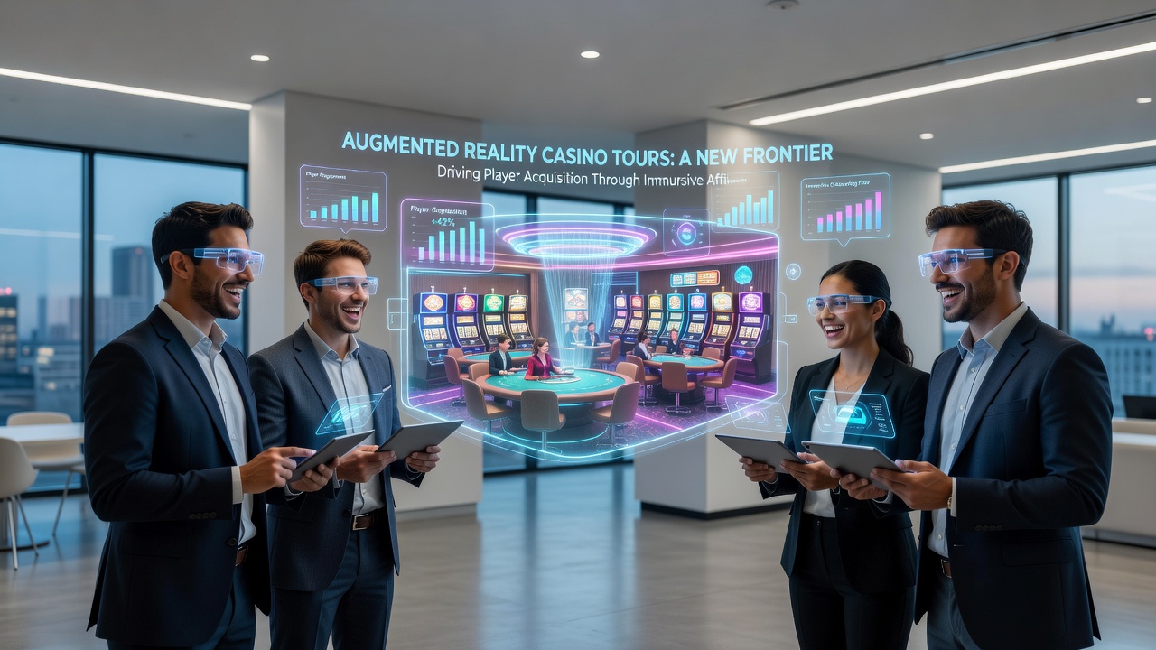Mobile device displaying an AR casino tour with overlaid bonus information and affiliate tracking link