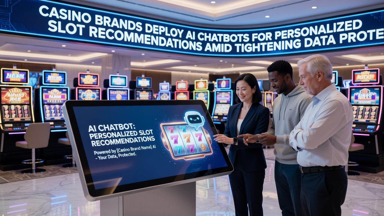 Close-up of an AI chatbot interface on a casino tablet displaying slot suggestions