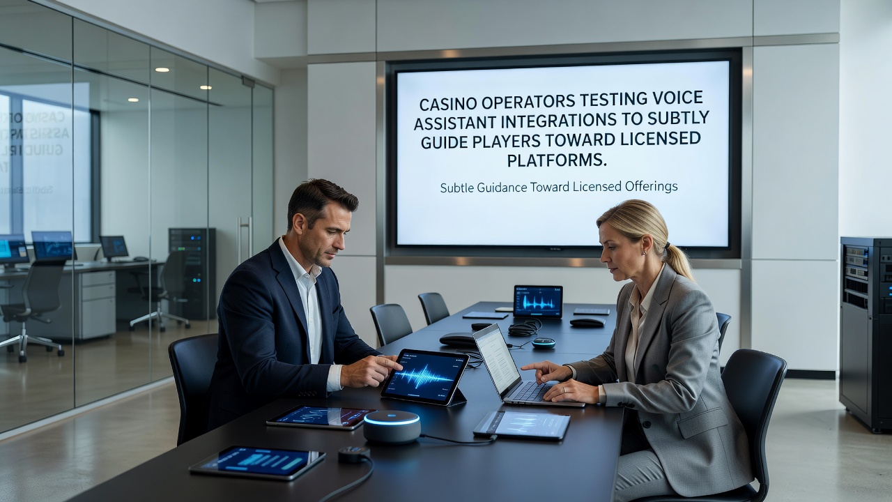 Close-up of smart speaker device displaying licensed casino app interface during a voice interaction