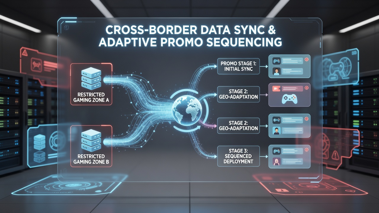 Diagram showing cross-border data flows between gaming servers and promotional tools in restricted zones
