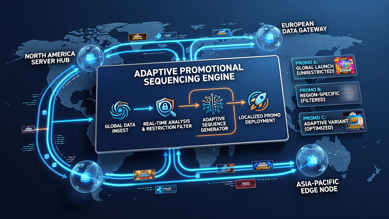 Illustration of adaptive promotional sequences updating across international gaming servers