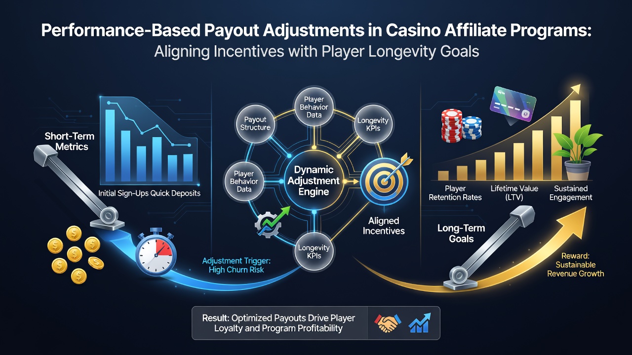 Casino affiliate dashboard showing performance metrics and payout adjustments for player retention tracking
