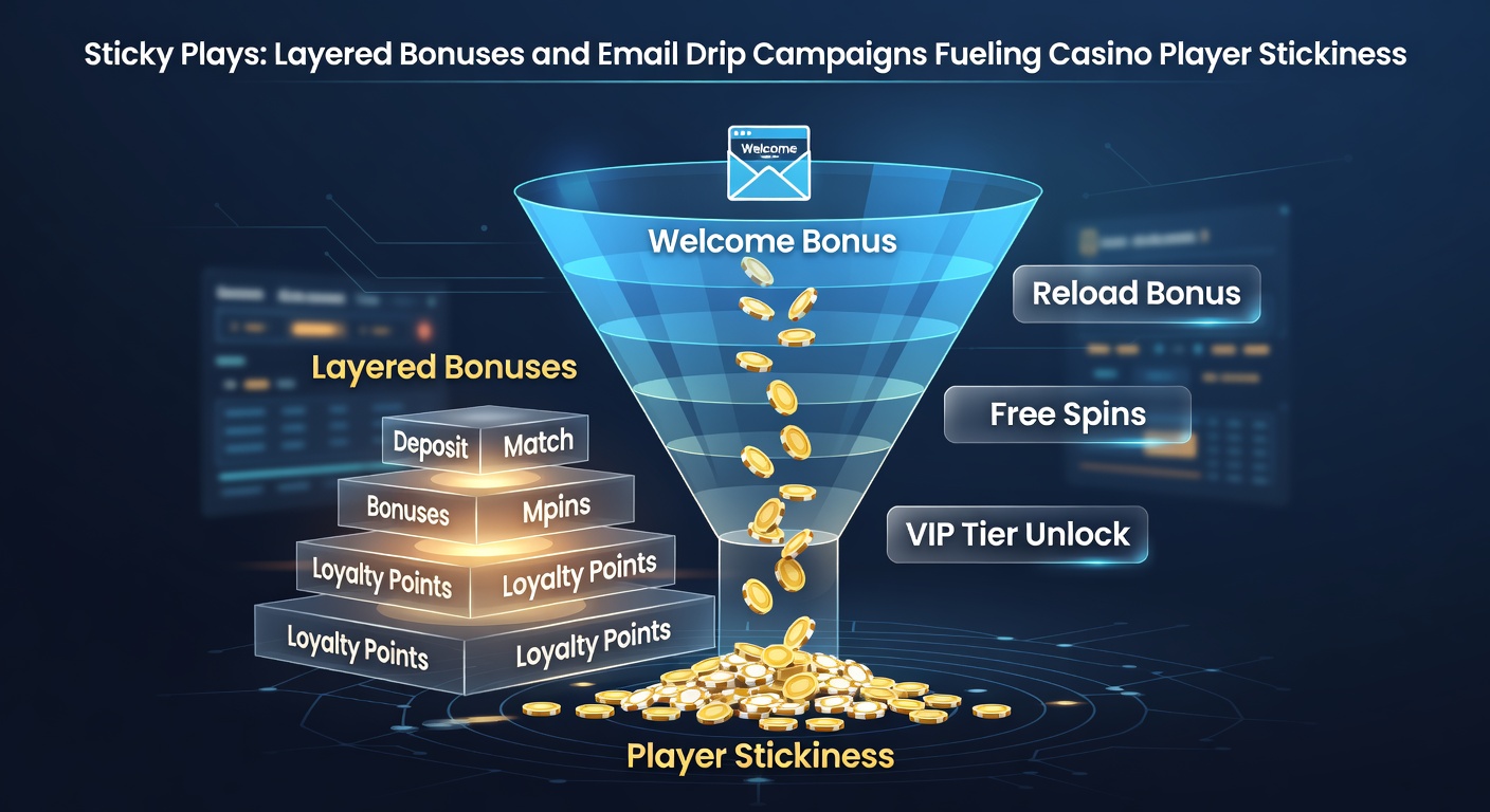 Colorful stack of layered casino bonuses including free spins, cashback rewards, and loyalty tiers building player retention visually