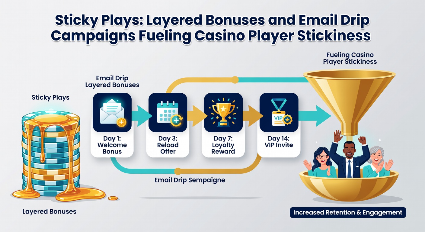 Flowchart depicting an email drip campaign sequence from welcome email to loyalty VIP offers, intertwined with bonus layers for casino retention