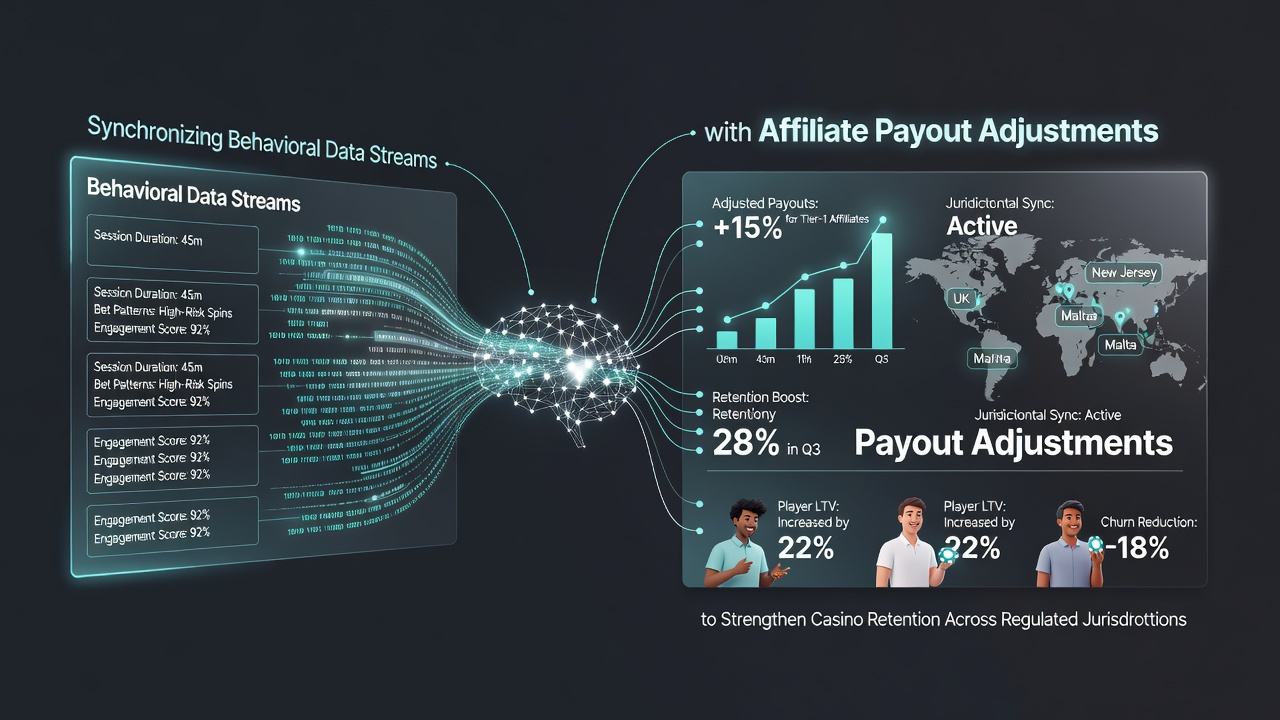 Casino data synchronization interface showing behavioral analytics and affiliate payout dashboards